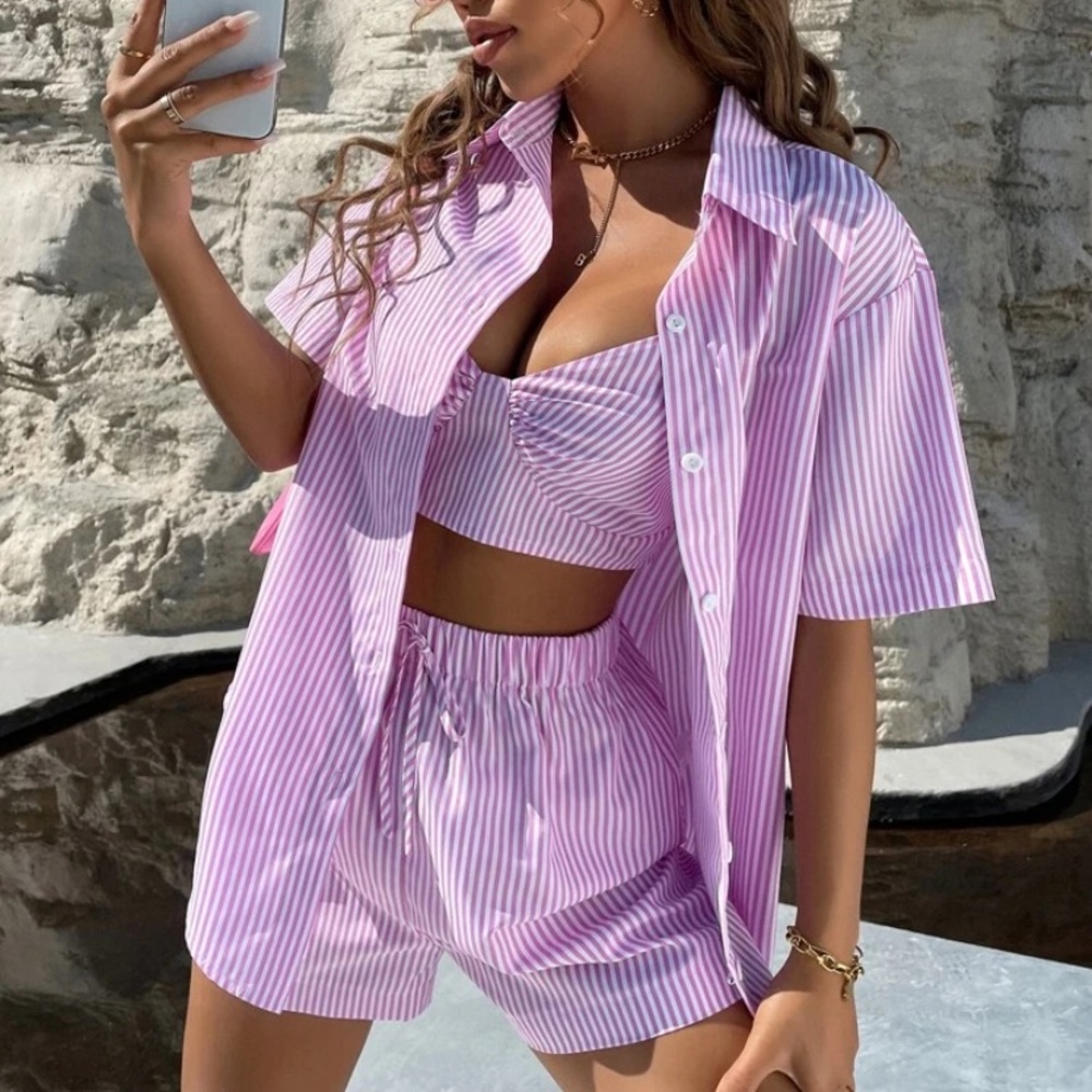 3 Piece Striped Print Cami Top & Shorts with Blouse